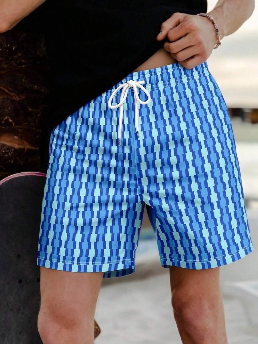 Men's Vacation Style Beach Shorts, Men's Classic Striped Pattern Casual Shorts - Multicolor - View 1