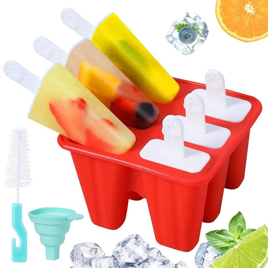 Molds,Silicone Ice  Molds, Sicle Mold Reusable Easy Release Ice  Maker,Homemade Sicle Mould With Silicone Funnel And Cleaning Brush (Red, 6 Cavities) - Red6Cavities - 查看 1