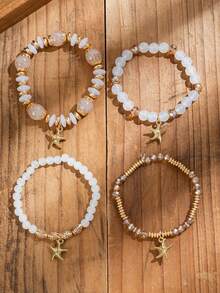 4pcs Boho Starfish Charm Beaded Bracelet Set With Beads & Crystal, Fashionable Stackable Women's Jewelry For Beach Vacations, Daily Wear & Summer Gifts, - Bohemia - View 3