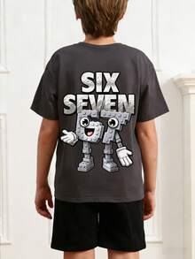 Tween Boys' Graphic Print Short Sleeve T-Shirt, Student Youth Casual Summer Top - Dark Grey - View 2
