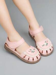 1双女童平底凉鞋，2026新款刺绣蕾丝边女童凉鞋，休闲学校沙滩罗马凉鞋 - 粉色 - 查看 2