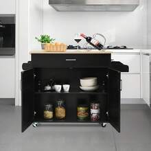 COSTWAY Kitchen Island Cart, Rolling Storage Trolley Cart With Lockable Rubber Casters, Large Cabinet, Drawer, Spice Rack And Towel Rack, Kitchen Serving Utility, 3-Position Adjustable Shelf, Black - Black - View 10