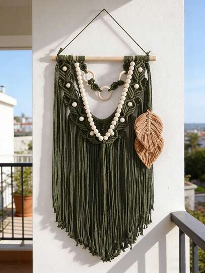 1pc Beige Or Green Leaf Pattern Boho Fringe Wall Hanging Decorative Macrame Tapestry Nordic Farmhouse Style V Shape Geometric Design With Wooden Bead Detail Long Tassel Accent Artistic Statement Wall Art For Bedroom Living Room Apartment Dorm Nursery Entryway Wedding Backdrop Home Interior Decoration