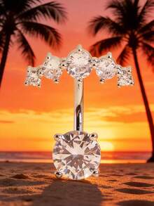 1pc Rhinestone Double Gem Navel Ring, Fashion Piercing Jewelry - Silver - View 8