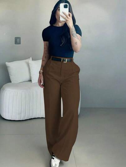 Pantalones de pierna ancha de talle alto para mujer | Ropa de mujer para primavera | Pantalones de oficina casuales y elegantes | Ropa casual de primavera | Pantalones rectos sueltos de unicolor | Ropa de primavera | Ropa casual de mujer | Pantalones casuales suaves y cómodos | Ropa casual de mujer a juego | Ropa de trabajo de moda minimalista | Traje casual | Preparación para el Año Nuevo | Esencial para primavera y otoño, sin cinturón incluido