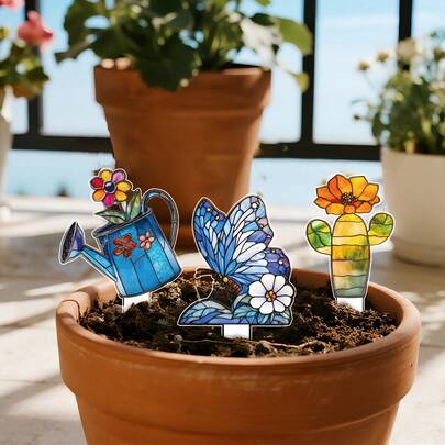 Mini Acrylic Small Potted Plant Decor Stakes, Cute Acrylic Garden Potted Plant Decor Stakes, Butterfly | Cactus | Watering Can High Definition Printing, Countryside Insect & Plant Themed Spring Graduation Gift & Nature Lover Exclusive