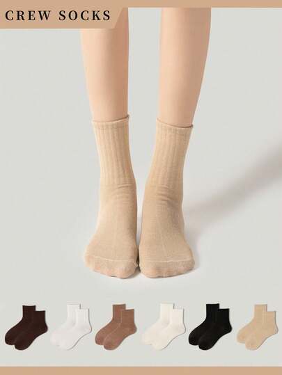6 Pairs Warm Coffee Color Sports Socks, Suitable For Autumn/Winter, Minimalist Versatile, Essential For Students And Campus, Suitable For Daily Sports, Skin-Friendly Soft And Comfortable, Unisex, Couple Style, Mid-Calf Length