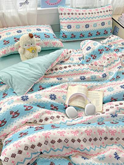 Faroe Islands Bow Bedding Set, Mint Pink & Blue Duvet Cover With Tie And Zipper Design, Cute Cartoon Rocking Horse, Blue Snowflake Print Pattern, Includes 1*Duvet Cover + 1*Bed Sheet + 2*Pillowcases, Suitable For Bedroom/Dorm/Guest Room, 100% Polyester, Soft Texture, Machine Washable