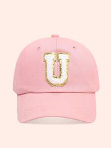 1pc Pink Children's Hat With 26 Letters, Toddler Baseball Cap, Boys & Girls Sun Hat, Suitable For Outdoor Activities And Daily Wear, UV Protection - Gold Label - Pink Fabric Baseball Cap - View 49