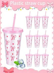 1个/5个装 710毫升/24.98盎司 可重复使用塑料杯，带粉色丝带、吸管和盖子，塑料吸管杯，粉色蝴蝶结心形吸管杯，旅行杯，塑料杯，奶茶杯，冰咖啡杯，夏季饮料杯，大容量果汁杯，为您的冰咖啡、水、奶昔提供充足空间 - 彩色 - 查看 2