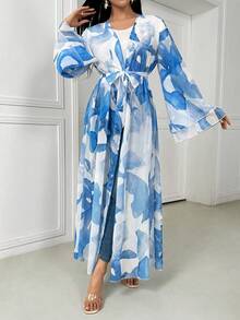 Women's Women's Floral Print Flare Sleeve ElegantArabic Abaya - Multicolor - View 6