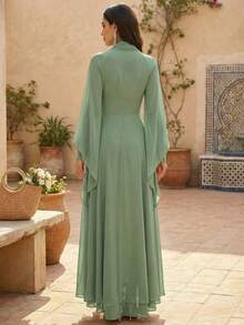 Women's Elegant Purple Long Dress, Tie Neckline, Long Sleeve, Asymmetric Hem, Flowing Vintage Chiffon Fabric Spring - Mint Green - View 2