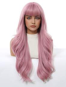 24 Inch Machine Made Light Pink Wavy Wig With Bangs, Voluminous Body Wave Adjustable Strap For Festival Ready - Pink - View 3