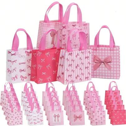 6pcs,Pink Bow Tie Theme Gift Celebration Hand-Held Shopping Bag - Non-Woven Fabric With Handles Office Supplies Packaging Bag - Small Business Birthday Party Gift Bag