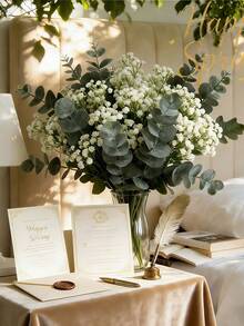 30/20/10 piezas Ramas de eucalipto artificial y flores de Gypsophila con tallos verdes, adecuado para ramos de boda DIY, decoración floral, decoración del hogar y al aire libre, centros de mesa, arreglos florales artificiales interiores/exteriores, decoraciones de boda, tallos decorativos - Multicolor - Ver 3