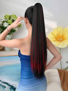 26英寸黑色带红色直发夹式马尾接发，柔软自然，外观逼真，适合女性使用。 - 挑染紅色 - 查看 5