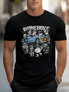 Un arte urbano que muestra un grupo de amigos disfrutando de la calle alrededor de un coche clásico azul simbolizando unidad  y libertad con energía positiva camiseta de hombre casual moderna y cómoda para uso diario - Negro - Ver 1