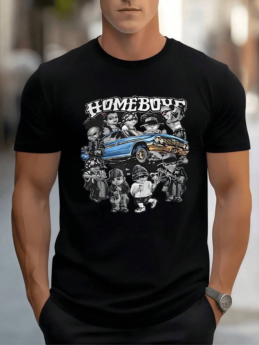 Un arte urbano que muestra un grupo de amigos disfrutando de la calle alrededor de un coche clásico azul simbolizando unidad y libertad con energía positiva camiseta de hombre casual moderna y cómoda para uso diario - Negro - Ver 1