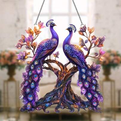 Elegant Peacock Light Catcher, Inch, Acrylic Feather Pair Design, Ideal For Home And Garden Decor, Perfect Gift For Bird Enthusiasts, Bright, Friends Of Nature