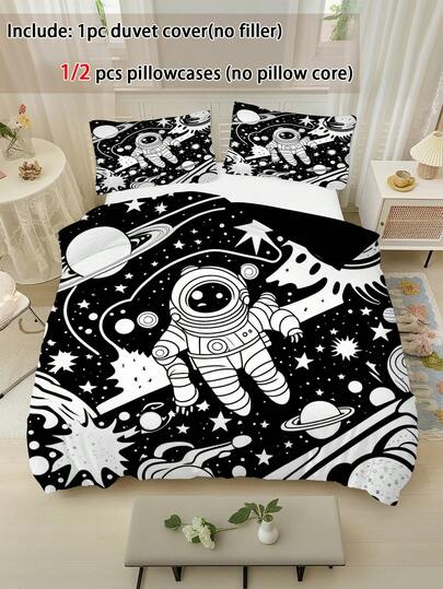 2/3件套儿童宇航员图案被套套装，双人/加大/大号/单人尺寸，印花柔软双面被套，儿童礼物，适合青少年、男孩和女孩，节日季拉链夹