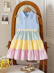 Girls' Summer Sleeveless Collared Striped Dress With Daisy Decor & Colorful Skirt, Fresh & Sweet Casual Dress - Multicolor - View 10
