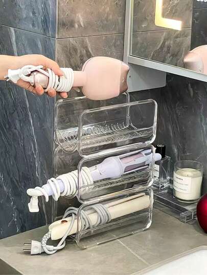 1/2pcs Transparent Visible Curling Iron Holder, Bathroom Cabinet Mounted Hair Dryer & Straightener Storage Box, Dorm Vanity Table Curling Iron Organizer