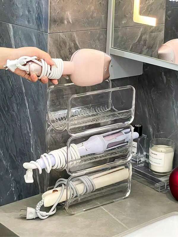 1/2pcs Transparent Visible Curling Iron Holder, Bathroom Cabinet Mounted Hair Dryer & Straightener Storage Box, Dorm Vanity Table Curling Iron Organizer