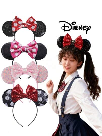 Disney 1-Piece Set Of Headbands, Cartoon-Themed Hair Accessories, Suitable For Everyday Wear. Includes A Soft Bow Tie, Adorable Minnie Mouse Ear Clips, And Cartoon-Themed Hair Accessories. Stylish Hair Accessories Designed For Women, Perfect For Valentine's Day, Headbands, Hair Clips, And Headbands.New European And American Mickey Mouse Headband With Sequins, Minnie's Butterfly-Themed Hair Accessory, Perfect For Festivals, Parties, And Amusement Parks.