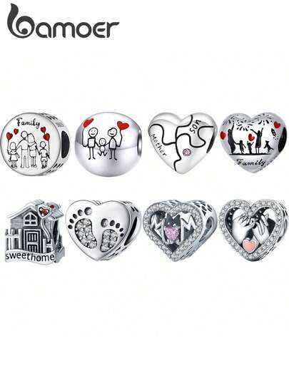 bamoer 1pc 925 Sterling Silver Baby Footprint Heart Pendant, Suitable For Women Bracelet Necklace DIY Accessories