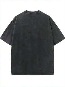 Japanese Text And Girl Graphic Print Men's Washed And Distressed Print Round Neck Short Sleeve Casual T-Shirt - 黑色 - 查看 2