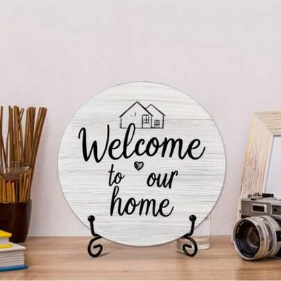 1pc Round Wooden Desktop Decor With Stand, Welcome Sign, Modern Style Decorative Plaque, Suitable For Living Room, Office, Bedroom, Party, Holiday And Birthday Gift