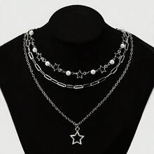 3 Stylish Punk Retro Pentagram Pearl Beaded Star Pendant Necklaces - 款式1 - 查看 5