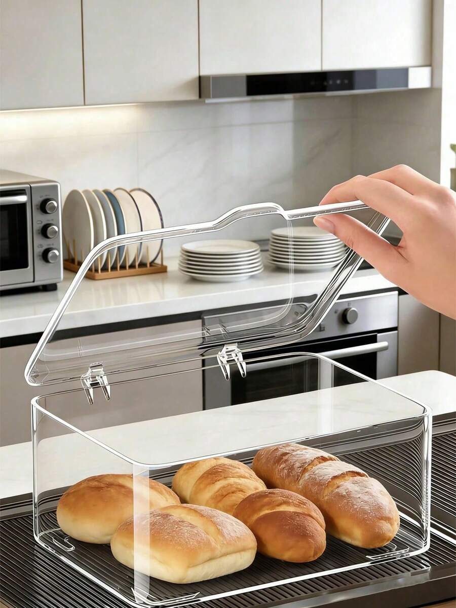 1pc High Capacity Stackable Transparent PET Bread Box, Minimalist Clear Display & Storage Container, Front Opening Design Keeps Baked Goods Fresh, Household Kitchen Cookie Storage Box - View 1