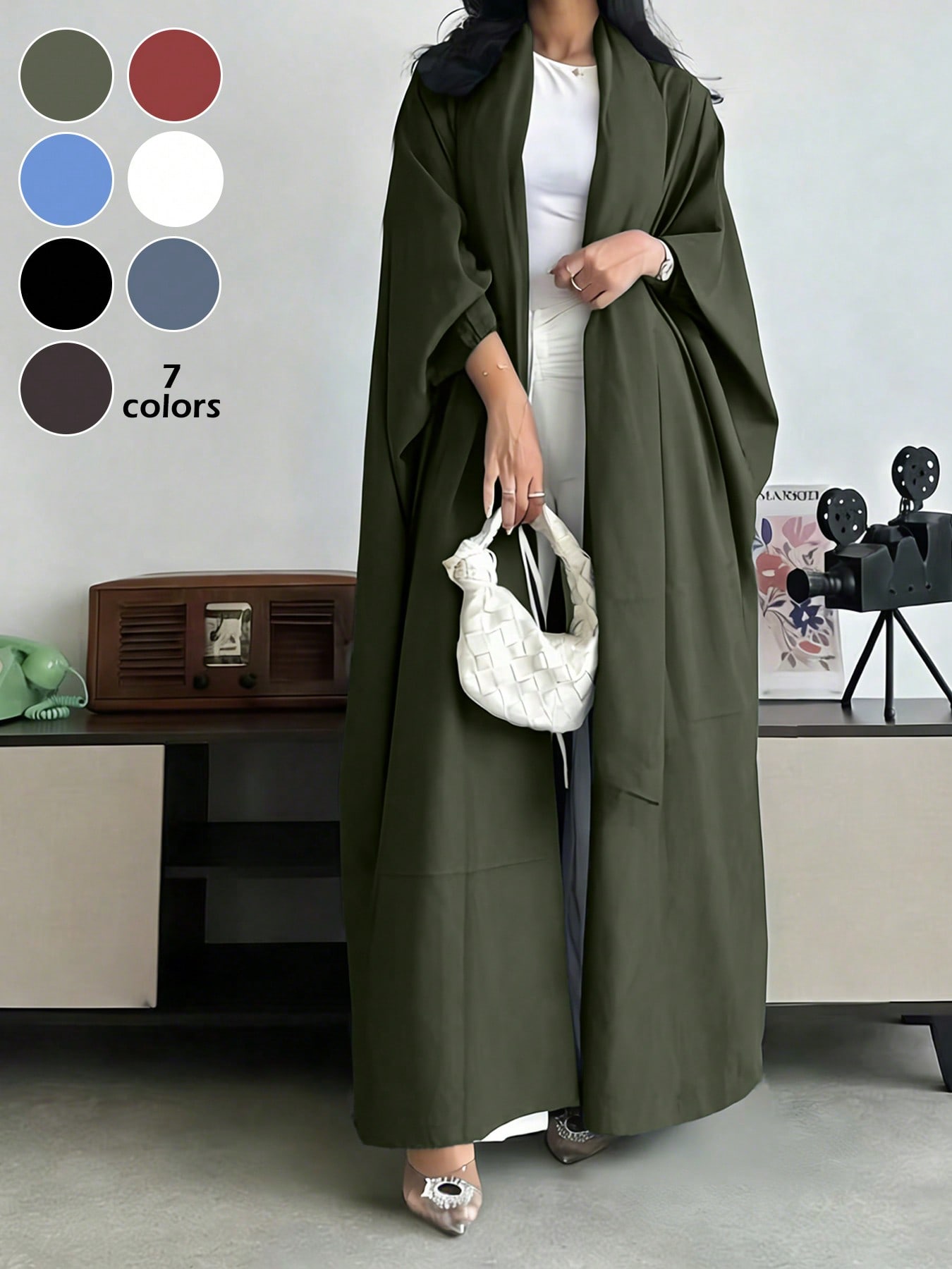 عباءة فضفاضة طويلة بلون واحد، جاكيت خارجي مخفف بأك...