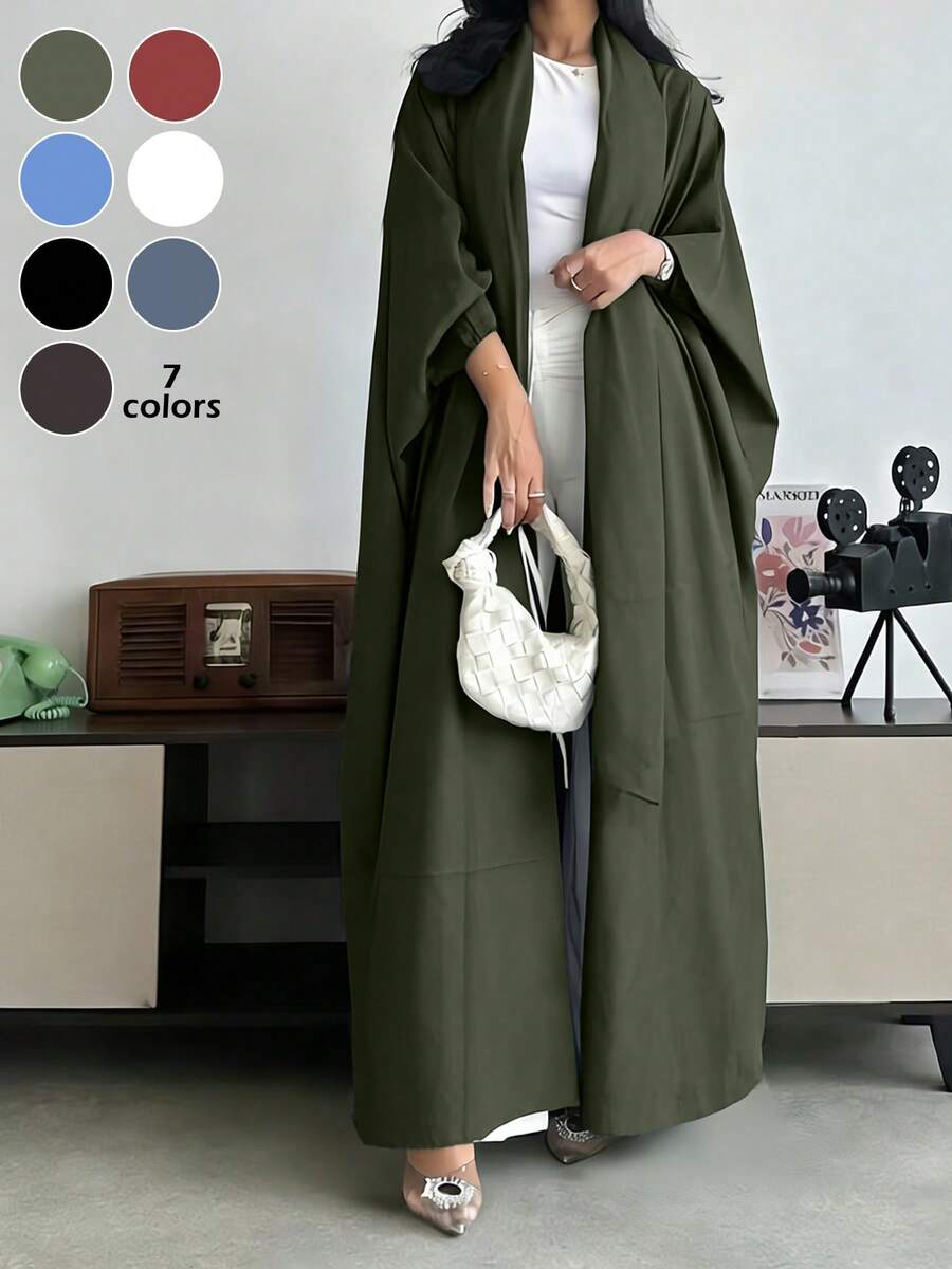 优雅女士长袖落肩卡夫坦长袍，采用无弹力梭织面料制成，不含围巾 - 軍綠色 - 查看 1