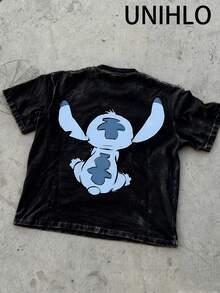Disney UNIHLO  Stitch  Printed Summer Heavyweight Retro Washed Street Fashion Casual T-Shirt - 黑色 - 查看 4