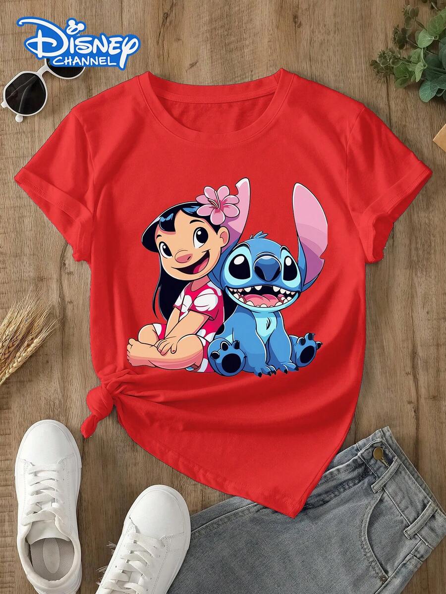 This Disney Women's T-Shirt Features A Stitch And Lilo Cartoon Print. Made Of Soft, Comfortable, And Durable Fabric, This Spring/Summer Round-Neck T-Shirt Is Suitable For Everyday Wear, Shopping, Parties, And Is Also A Great Choice As A Casual Outfit Or A Gift. - 紅色 - 查看 1