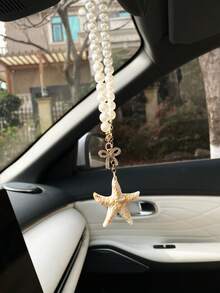Creative Faux Pearl Car Hanging Ornament Rose Flower Car Pendant Rearview Mirror Decoration Starfish Car Accessory - A - View 1