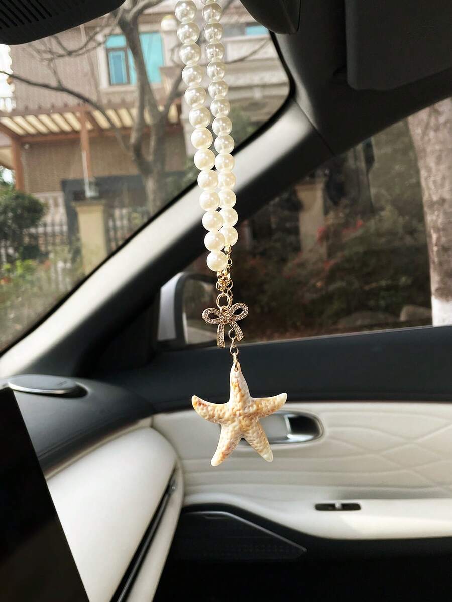 Creative Faux Pearl Car Hanging Ornament Rose Flower Car Pendant Rearview Mirror Decoration Starfish Car Accessory - A - View 1