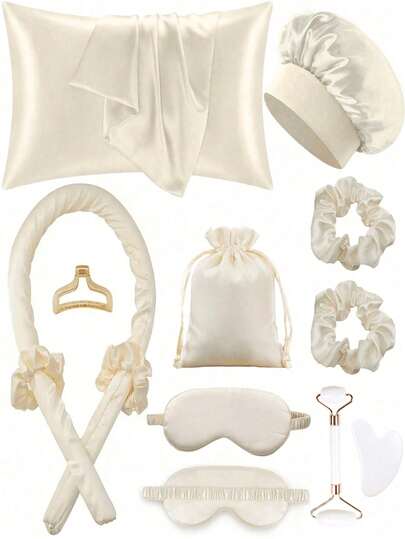 12pcs Sleep Hair Styling Tool Set, Includes Curling Iron, Face Massager, 1pc Pillowcase, Suitable For Ivory Queen Suite, No Heat Needed Overnight Hair Curler, 1pc Sleep Mask, Women Face Massage Roller, Hair Styling, Hair Care, Curling Products, Hair Accessories, Hair Care Set, Hair Styling Tool Kit