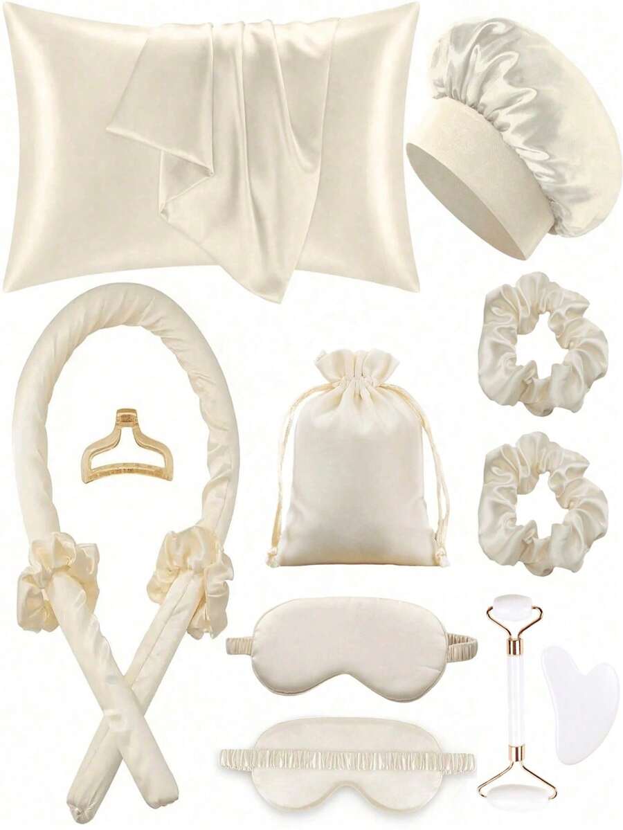 12件套睡眠美发造型工具套装，包含卷发棒、面部按摩器、1个枕套，适用于象牙色皇后套房，无需加热即可整夜卷发，1个睡眠眼罩，女士面部按摩滚轮，美发造型，护发，卷发产品，美发配件，护发套装，美发造型工具套装