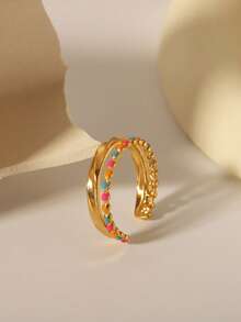 1pc Fashion Stainless Steel 18K Gold Plated Colorful Line Women's Ring, Suitable For Daily, Holiday, Wedding, Party, Birthday Wear And Decoration, Jewelry Gift For Friends And Besties - Gold - View 11