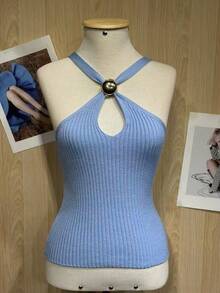 Halter Mesh Top With Metallic Detail - Baby Blue - View 2