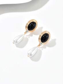 1 par de nuevos pendientes de gota de color contrastante de aleación minimalista y vintage con perla falsa, adecuados para uso diario, viajes, fiestas, eventos y bodas de mujeres - Amarillo dorado + multicolor - Ver 4