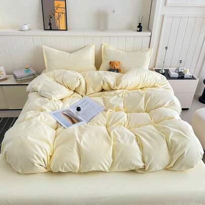 四件套（1件被套、1件床单、2件枕套）柔软纯色床上用品套装，春季简约拼接床单套装，柔软舒适，轻盈透气，四季皆宜，简约风格，适用于单人床、双人床、酒店、宿舍、家居，带拉链，可拆卸水洗，房间装饰