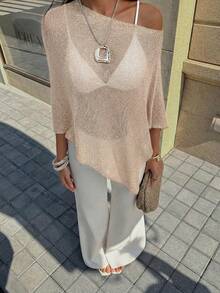 FOR BEAUTY Women's Summer New Knit Top, Casual Style, Apricot Solid Color Loose Off-Shoulder Cover-Up, Bohemian Style, Suitable For Beach And Vacation - Warm Apricot - View 6
