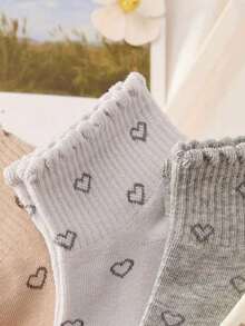 5/10 Pairs Sweet Heart Pattern Ruffle Trim Women's Ankle Socks, Lightweight Breathable Comfortable Casual Socks - Multicolor - View 3
