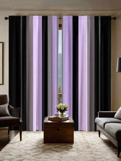 2 piezas Cortinas de dormitorio a rayas negro-púrpura con diseño semi-sombreado, sin perforación para varilla, con bolsillo para varilla, estilo elegante para cortinas de sala de estar, cocina, adecuadas para decoración del hogar, decoración de habitaciones, divisiones de decoración de la casa, hechas de poliéster, lavables a máquina y a mano