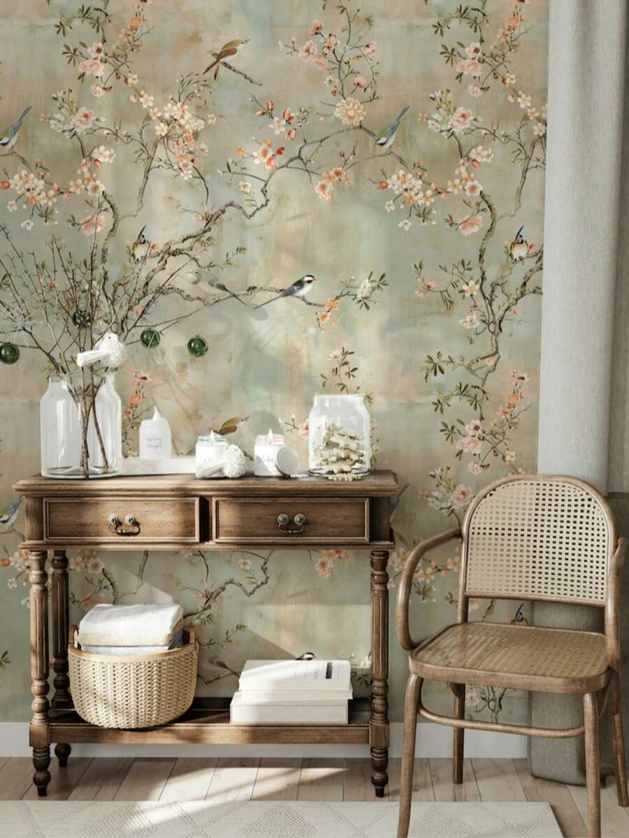 樱花壁纸，中国风花鸟语，柔和粉彩背景，优雅植物壁画 - 1PC - 查看 1