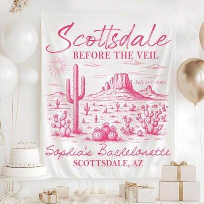 1pc Personalized Scottsdale Before The Veil Bachelorette Tapestry, Desert Bride Party Wall Hanging, Southwest Bach Weekend Decor, Cactus Bachelorette Celebration Backdrop